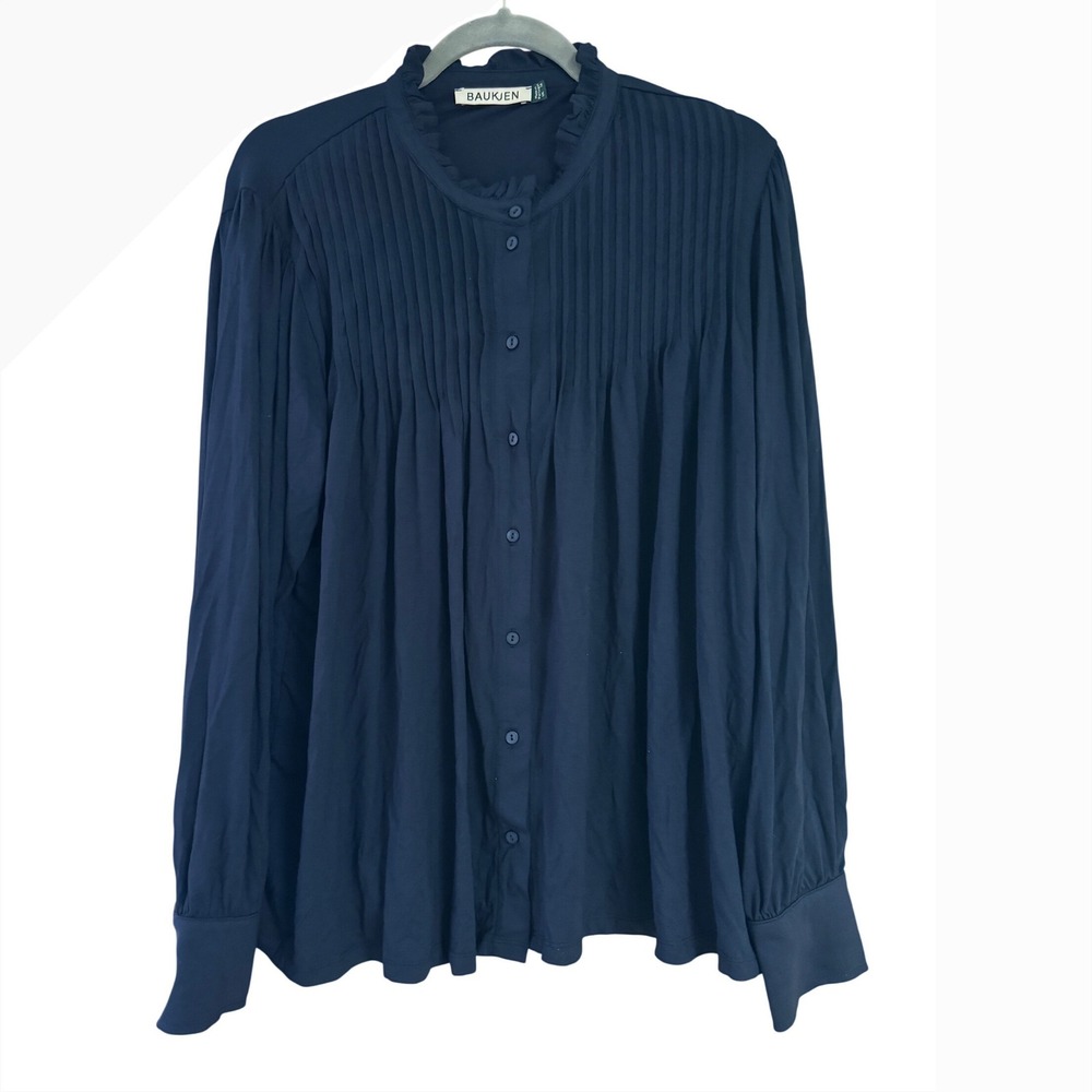 Baukjen Navy Blue Pintuck Ruffle Collar Blouse EcoVero Viscose Top US 14